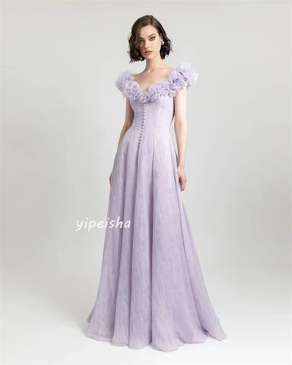  Evening  Sexy Casual  Jersey Flower Button Ruched Formal Evening A-line V-neck Bespoke Occasion Gown Long Dresses