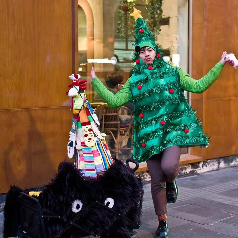 Christmas Tree Cosplay Jumpsuit Holiday Party Funny Costumes Halloween Performance Prank Santa Claus Xmas Ornament Gift Present