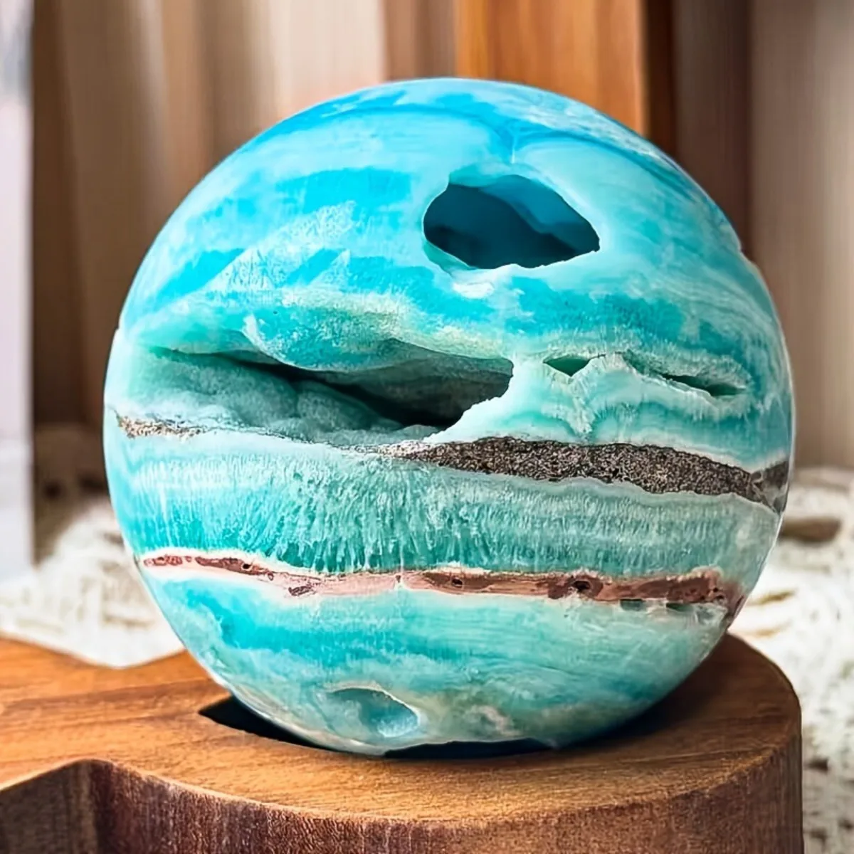 Unique Azure-Hued Hemimorphite Orb - Sleek Mirror-Finish Geometric Sculpture, One-of-a-Kind Decorative Mineral