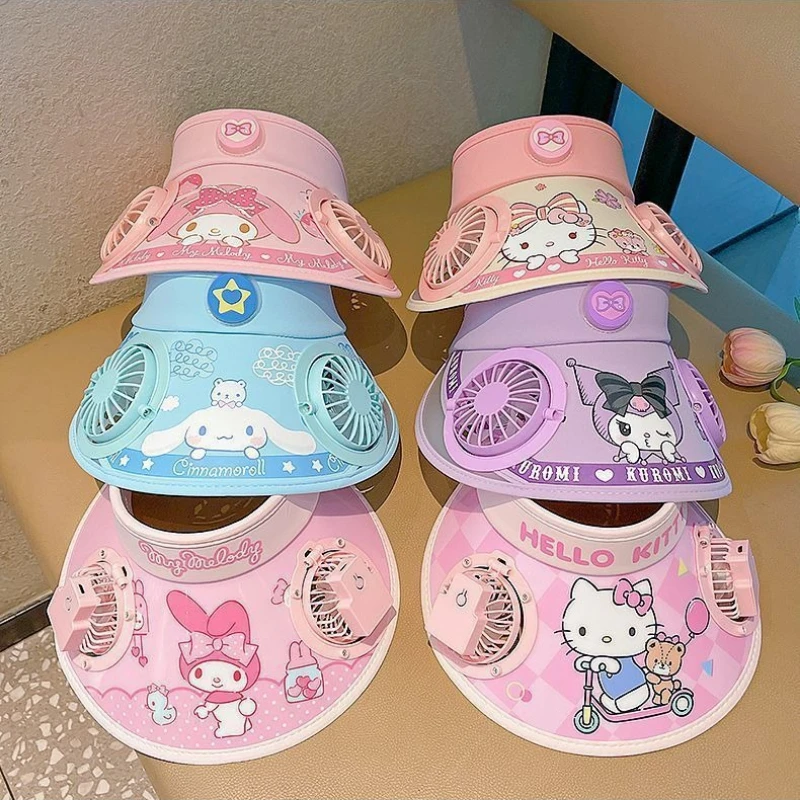

Широкополая солнцезащитная шляпа Sanrio Hello Kitty с двумя вентиляторами, летняя, с персонажами Куроми, Синаморолл, Май Мелоди, детские подарки