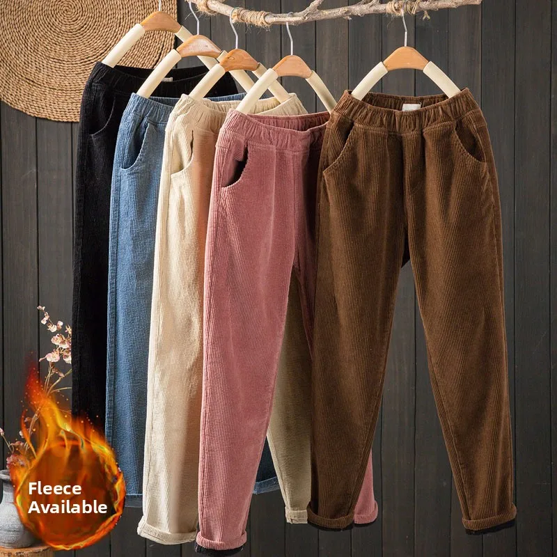 

Thiened Fce Вельветовые брюки Харлан Женские повседневные брюки с высокой талией Длинные брюки для поездок на работу Художественная хлопчатобумажная ткань