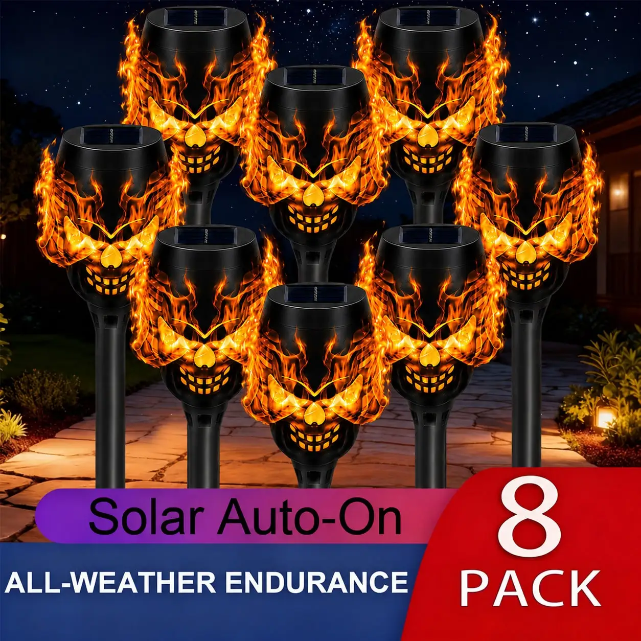 4/8Pack Solar Torch Lawn Lights, Flickering Ghost Skull Lights, IP44 Weatherproof, Windproof Durable Multi-Purpose Halloween