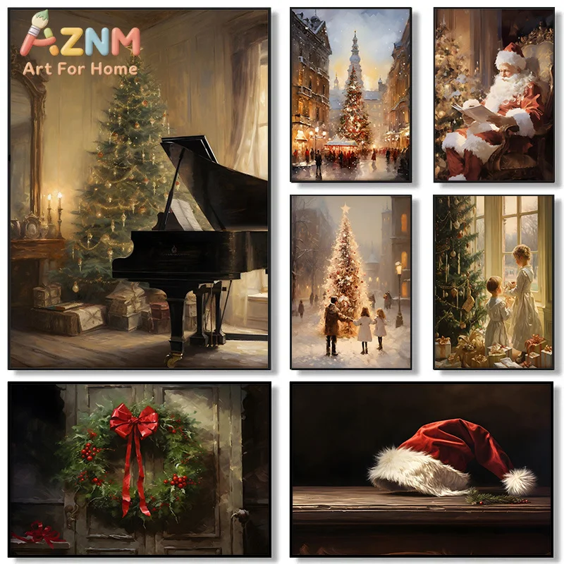 AZNM Frameless 2D Flat Vintage Oil‑painting Christmas Scene Canvas Print, Reusable Warm Holiday Home Wall Art Decor