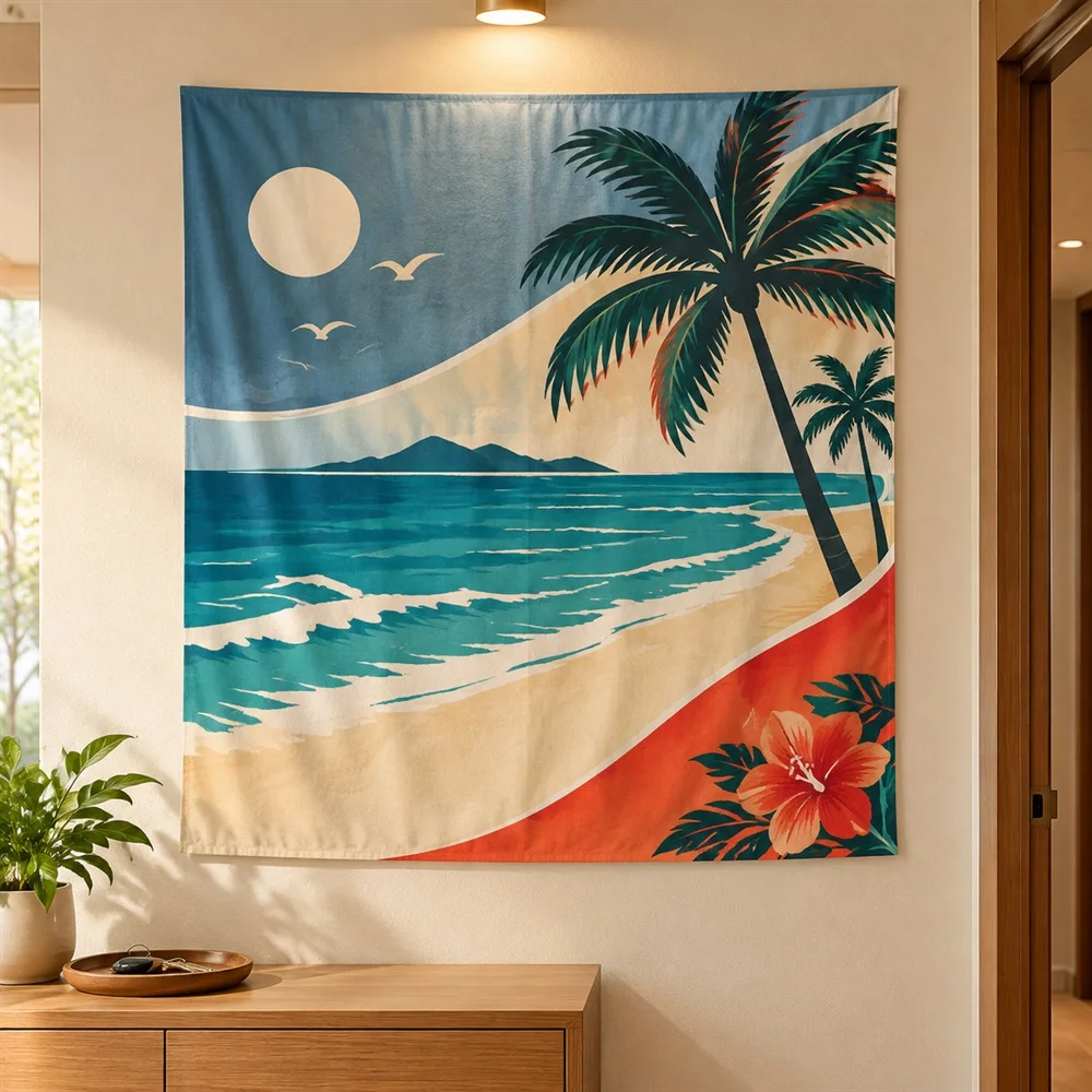 VIKAMA Coconut Island Beach Tapestry Wall Hanging, Coastal Tropical Wall Decor Tapestries for Bedroom Bathroom Living Room