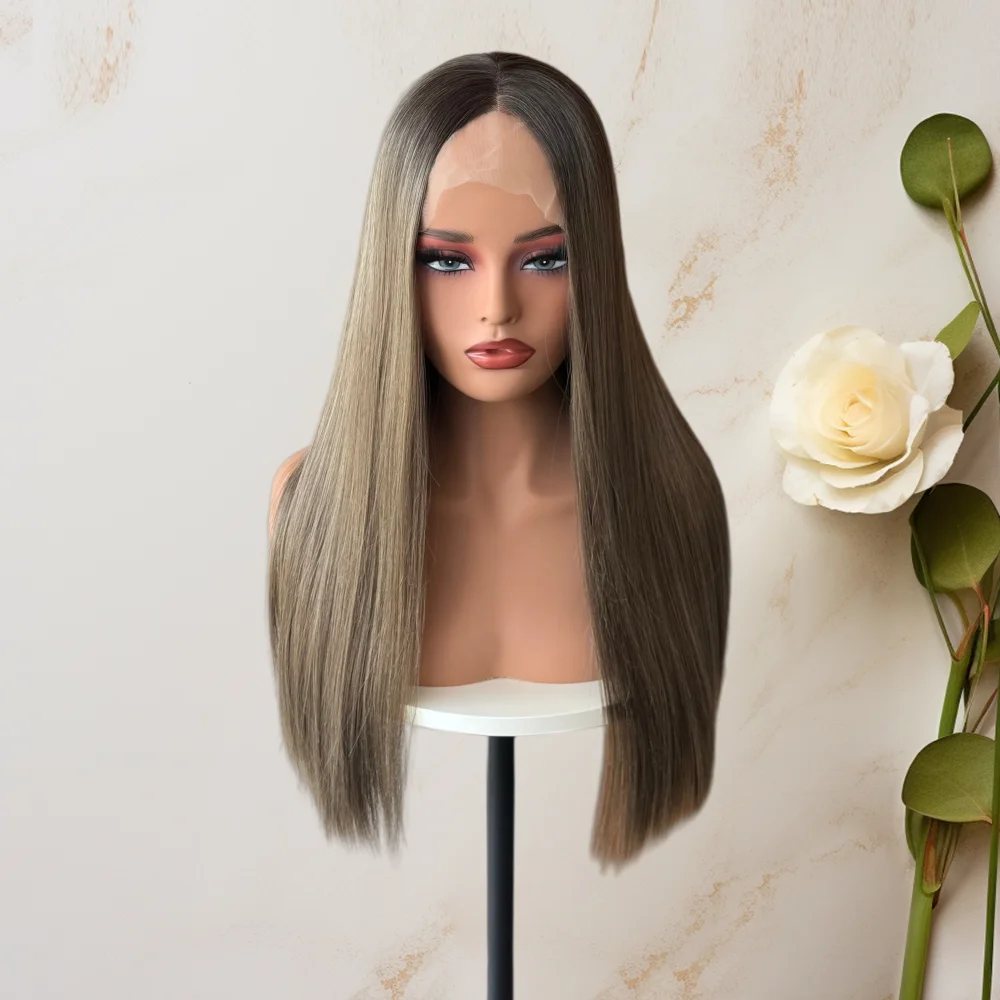 Realistic Look Glueless Wigs Ombre Brunette Brown Highlights Synthetic Lace Front Wig 13x4 Soft Straight Wig For Women Daily Use