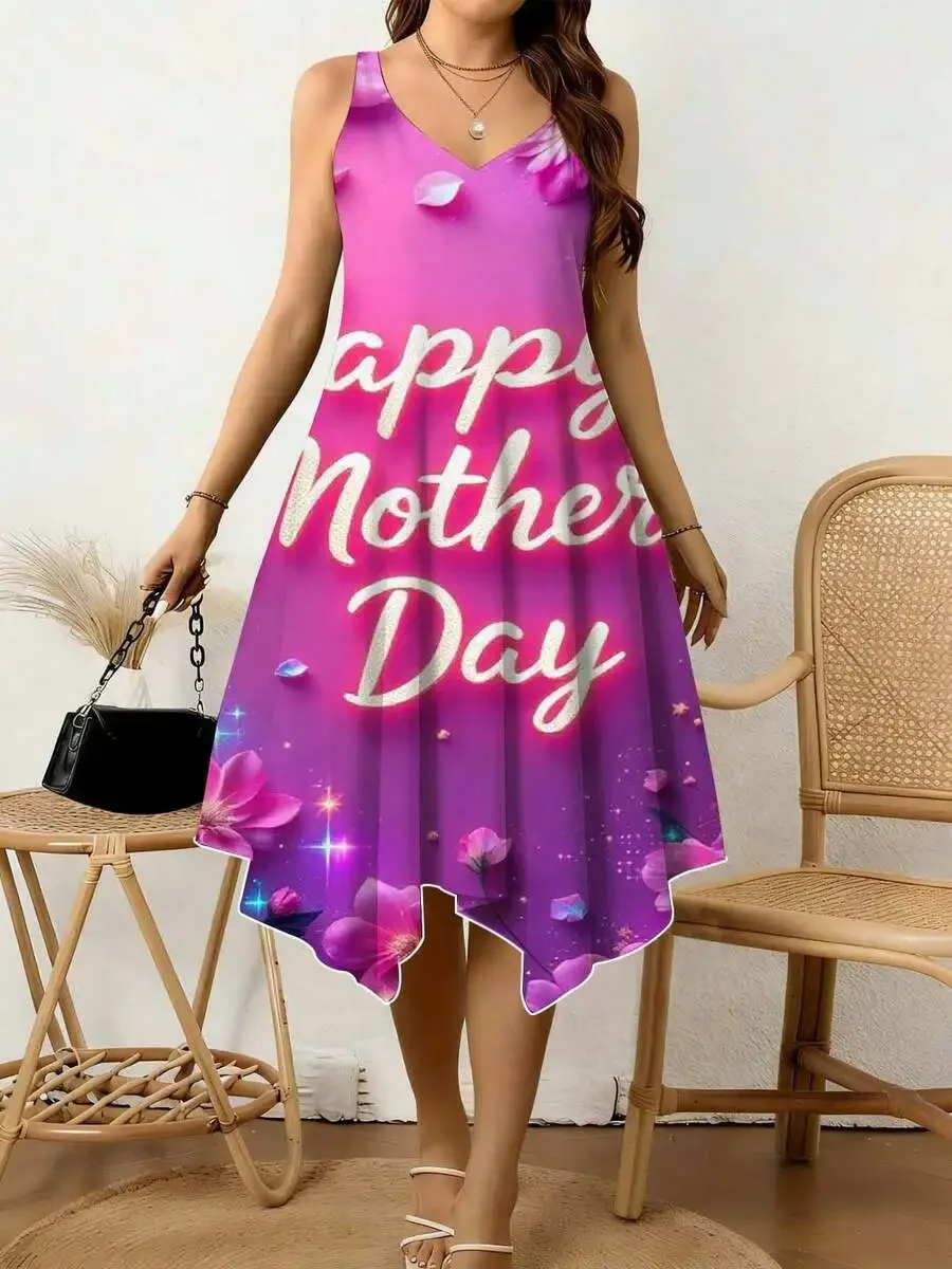 

V-Neck Asymmetrical Hem Dress With Happy Mother Day Script, Floral And Star Motif, Casual Wear For Celebration