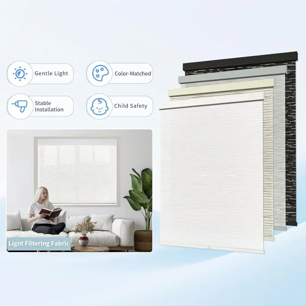 ม่านม้วนกรองแสงไร้สาย ขนาด 46 นิ้ว กว้าง x 72 นิ้ว สูง - ม่านแบบมีฉนวนสไตล์ผ้าลินินทันสมัยสำหรับบ้านและสำนักงาน (สีขาว)