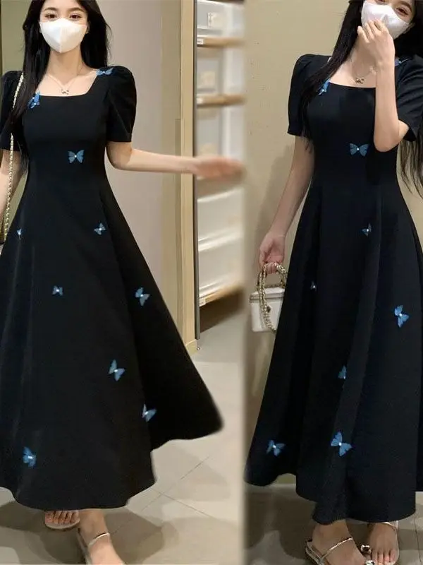 Vestido Elegante com Bordado de Borboleta e Gola Quadrada para Homens e Mulheres, Tamanho Plus, Sensação de Luxo, Vestido Pre...