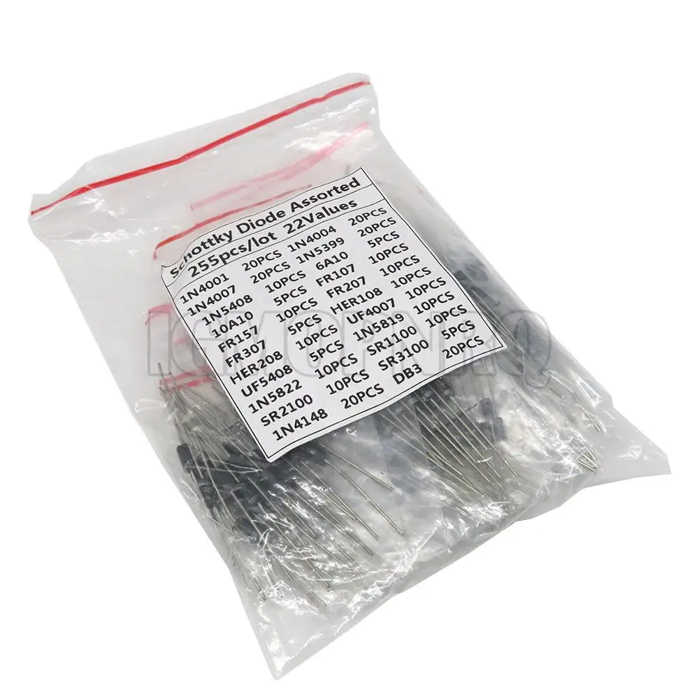 255pcs Fast Switching Rectifier Schottky Diode Assorted Kit 1N4001 1N4004 1N4007 1N5408 1N5819 1N5822 6A10 10A10 UF4007 FR307