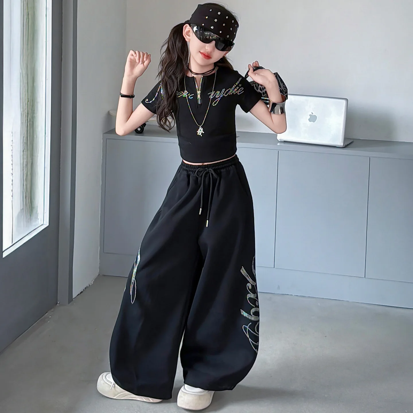 Kids Streetwear Dance Jazz Clothing Sets Teenage Girls Summer Tshirt+Pants 2PCS Children's Fashion New Black Cool Outfits 4-14Y