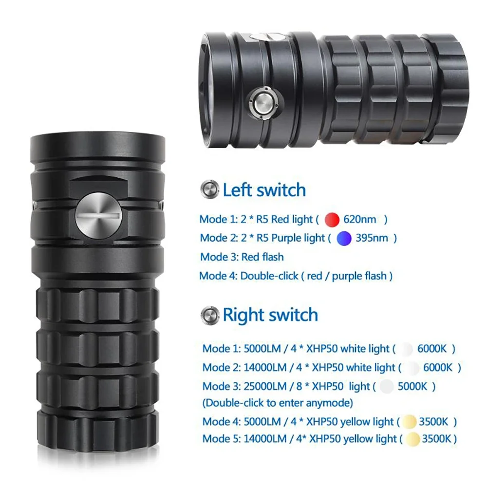 Professional Diving Flashlight 8 XHP50 25000Lumens100m Waterproof Underwater Torch Camera Video Photography Tactical Light