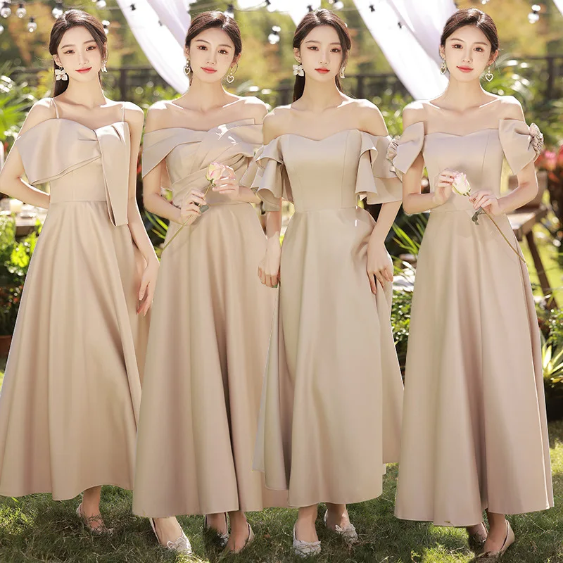 

4 Styles Satin Bridesmaid Dresses Champagne Off Shoulder Wedding Sisters Group Dress Temperament Ruffles Long Party Gown