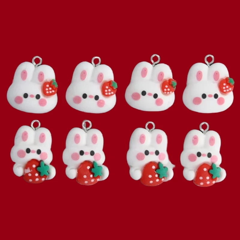 10pcs Strawberry Rabbit Resin Charms Kawaii Cartoon Animal Pendant For Earring Keychains Diy Jewelry Make