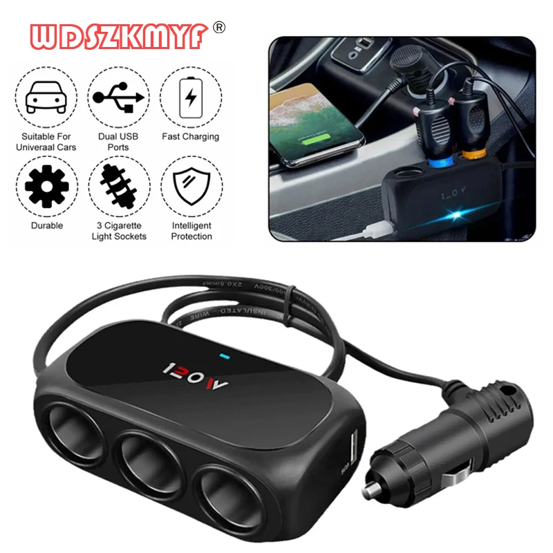 1/2/4/6PCS 120W 12V 24V 3 Way Cigarette Lighter Multi Socket USB Charger Interior Dual Black Adapter Splitter ABS Car accessory