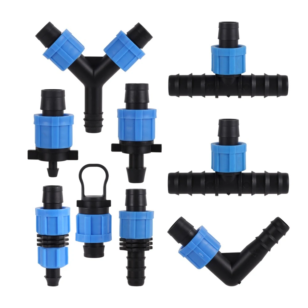 16mm Micro Irrigation Drip Tape Connectors DN17mm Locknut Straight Tee Elbow End Plug Equal/Reducing Water Saving Joints 9 Types