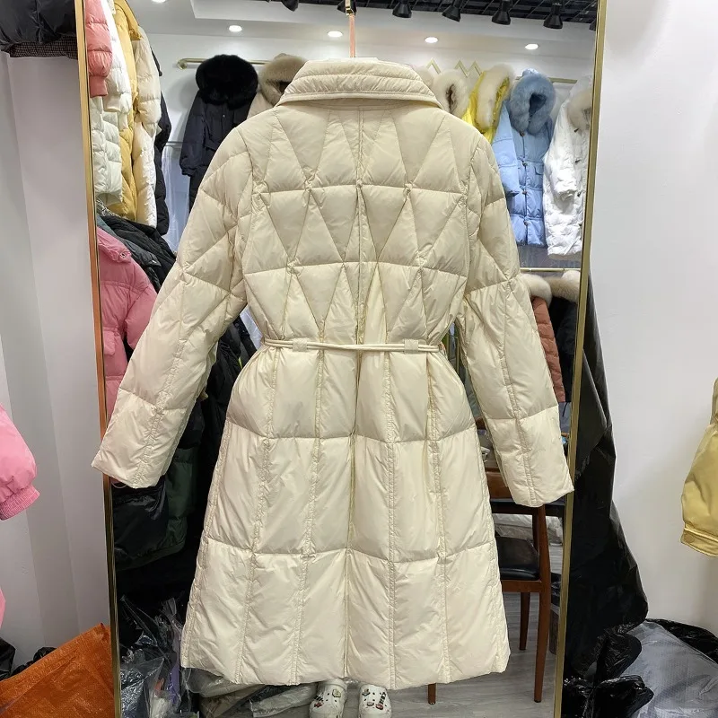 Lightweight Down Jacket for Women Mid Length Waistband Diamond Plaid Lapel Over Knee Jacket for Autumn/winter