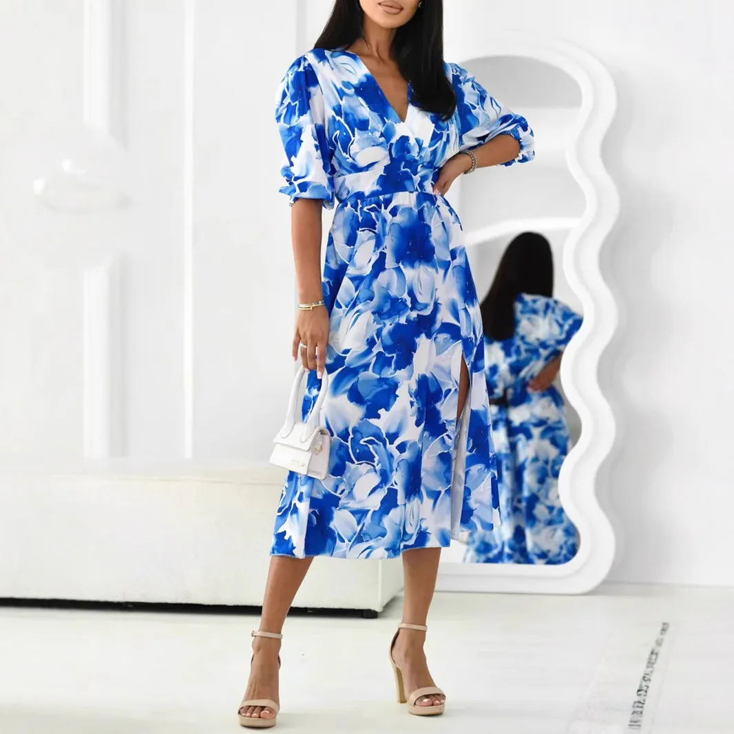 Summer Women's V-neck Fashionable Printed Dress With Five Quarter Sleeves And Side Slit Waist Collection Printed Dress For Women