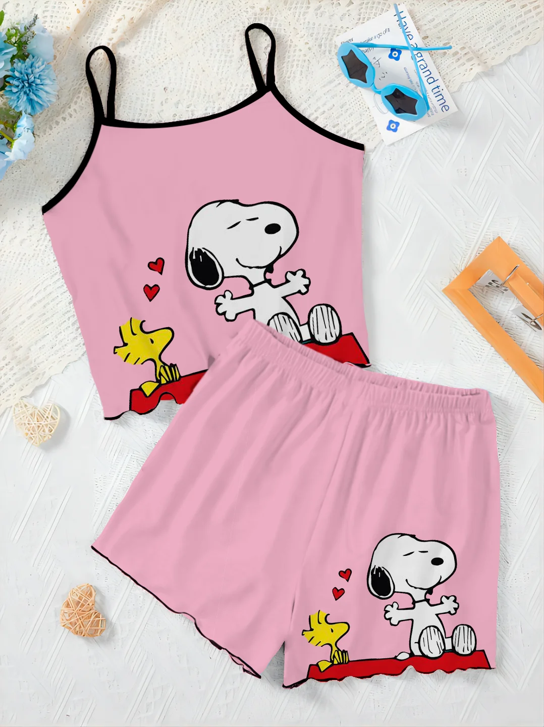 Abito da donna lattuga Trim Set da due pezzi abito da casa t-shirt Snoopy Short Set Disney Top Pieces elegante Bottom Disney Slip Dress