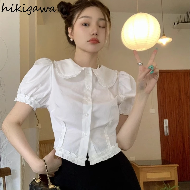 Sweet White Women Shirts Peter Pan Collar Puff Sleeve Tunic Blouses Crop Tops Ruffles Summer Blouse 2024 Blusas Mujer De Moda