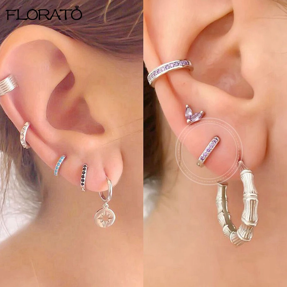 925 Silver Needle Crystal 9mm Small Hoop Earrings for Women Minimal Huggie Earrings Colorful Zircon Piercing Earrings Jewelry