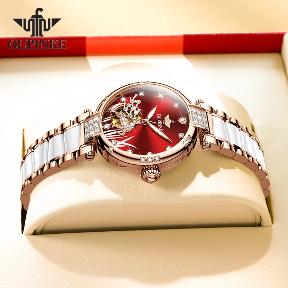 OUPINKE Factory Original Fawn Skeleton ساعات نسائية عصرية مقاومة للماء بشريط سيراميك ساعة ميكانيكية للسيدات ساعة أنيقة