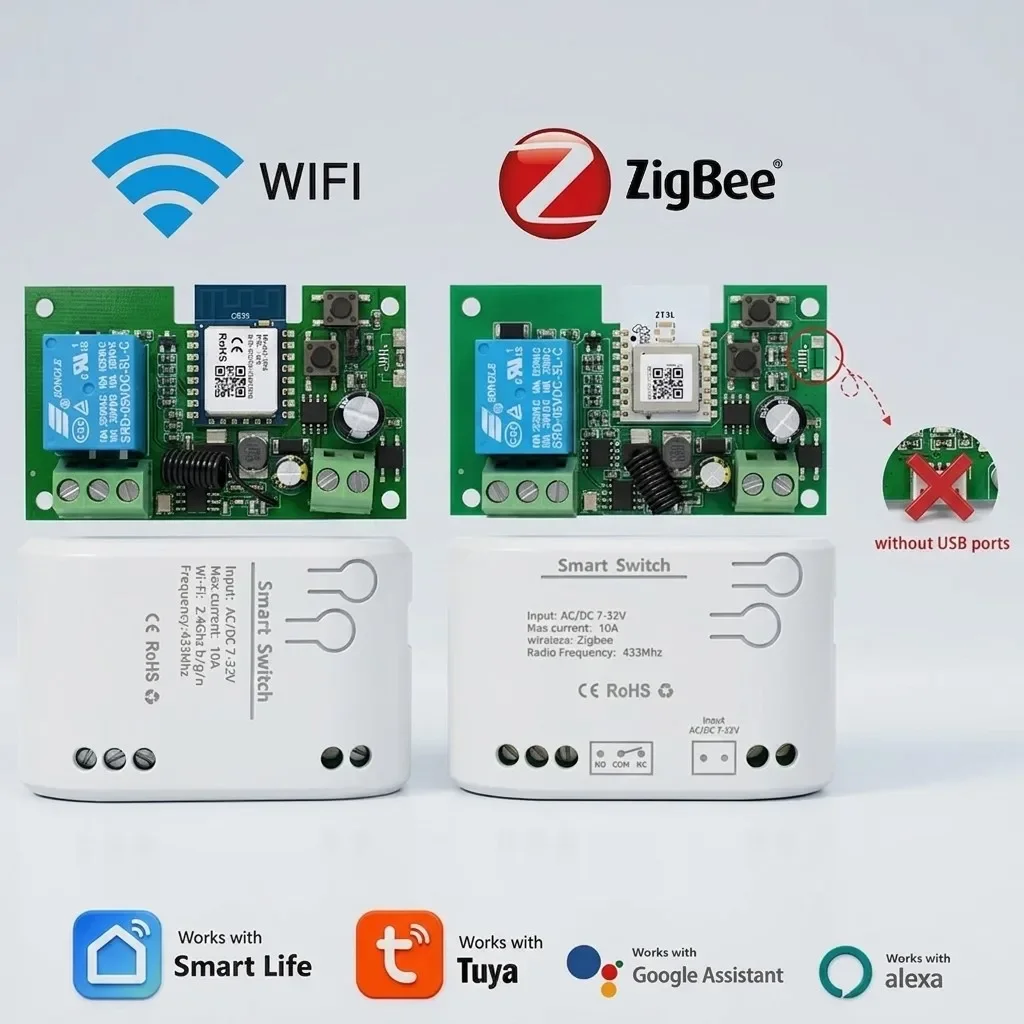 1 Way Zigbee/WIFI Tuya Smart Relay 12V 24V 110V 220V Dry Contact NO/NC/COM Module Remote Switch for Light/Motor,Alexa Work