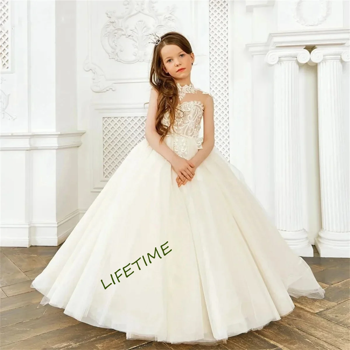 Elegante Blumen mädchen Kleid High Neck Tüll geschwollene ärmellose Applikation für Hochzeit Prinzessin Geburtstags feier Erstkommunion Kleider