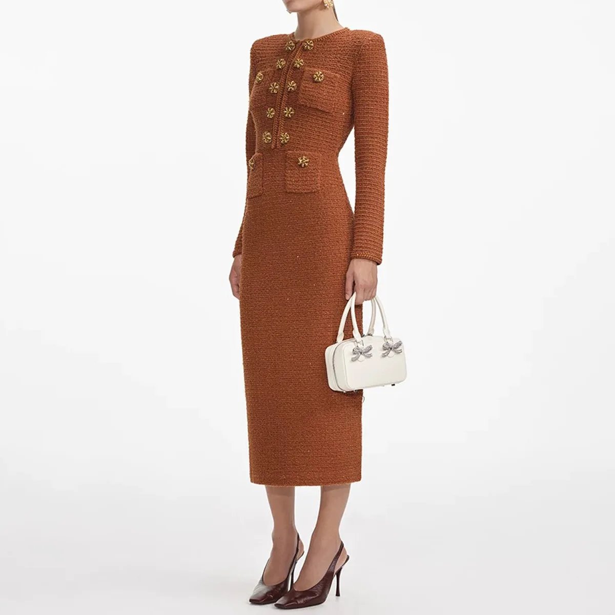 High-quality 2025 new fashionable elegant wool knitted fabric round neck slim fit long sleeve dress vestido mujer ropa mujer