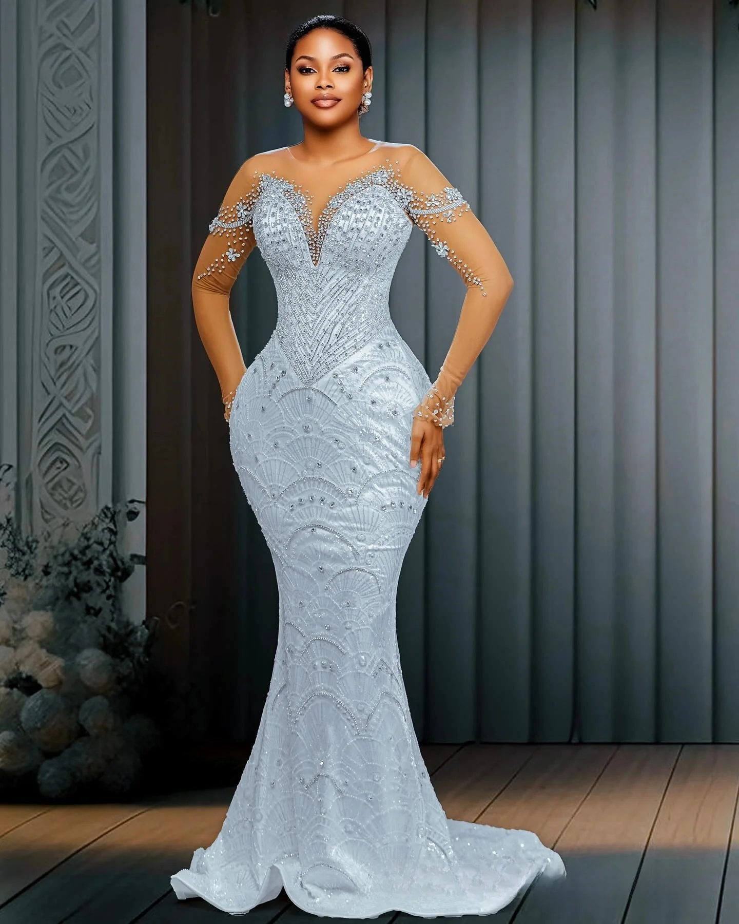 Customized  African Sparkly Crystals Beads Wedding Dress Vestidos De Casamento Long Sleeves Bridal  Gown with Removable Skirt