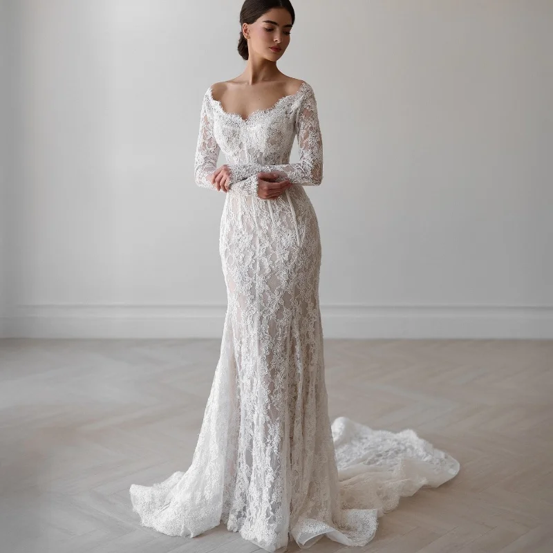 Fairy Wedding Dresses Strapless Long Sleeve Mermaid Bride Dress Lace Sweep Train Civil Bridal Gown Customized robe de mariée