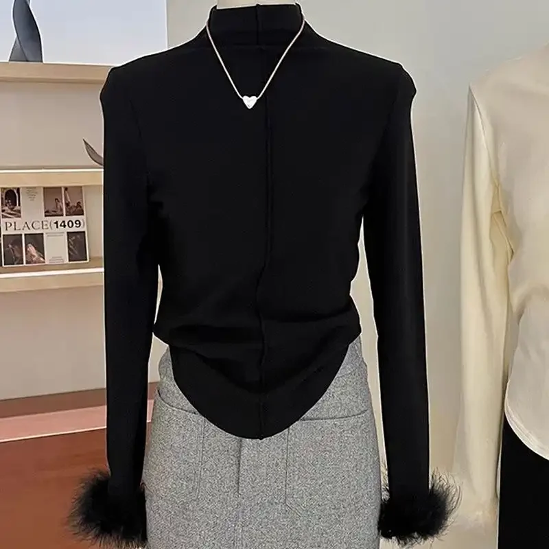 Furry Loop Cuffs Long Sleeves Half Turtleneck Brushed Velvet Bottoming Shirt T-shirt for Women Autumn Winter Slim Fit Inner Top