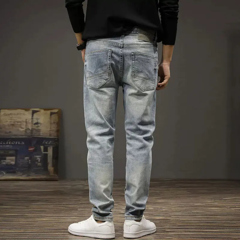 Fashion Designer Men Jeans Retro Light Blue Stretch Elastic Slim Fit Ripped Jeans Men Vintage Trousers Casual Denim Pants Hombre