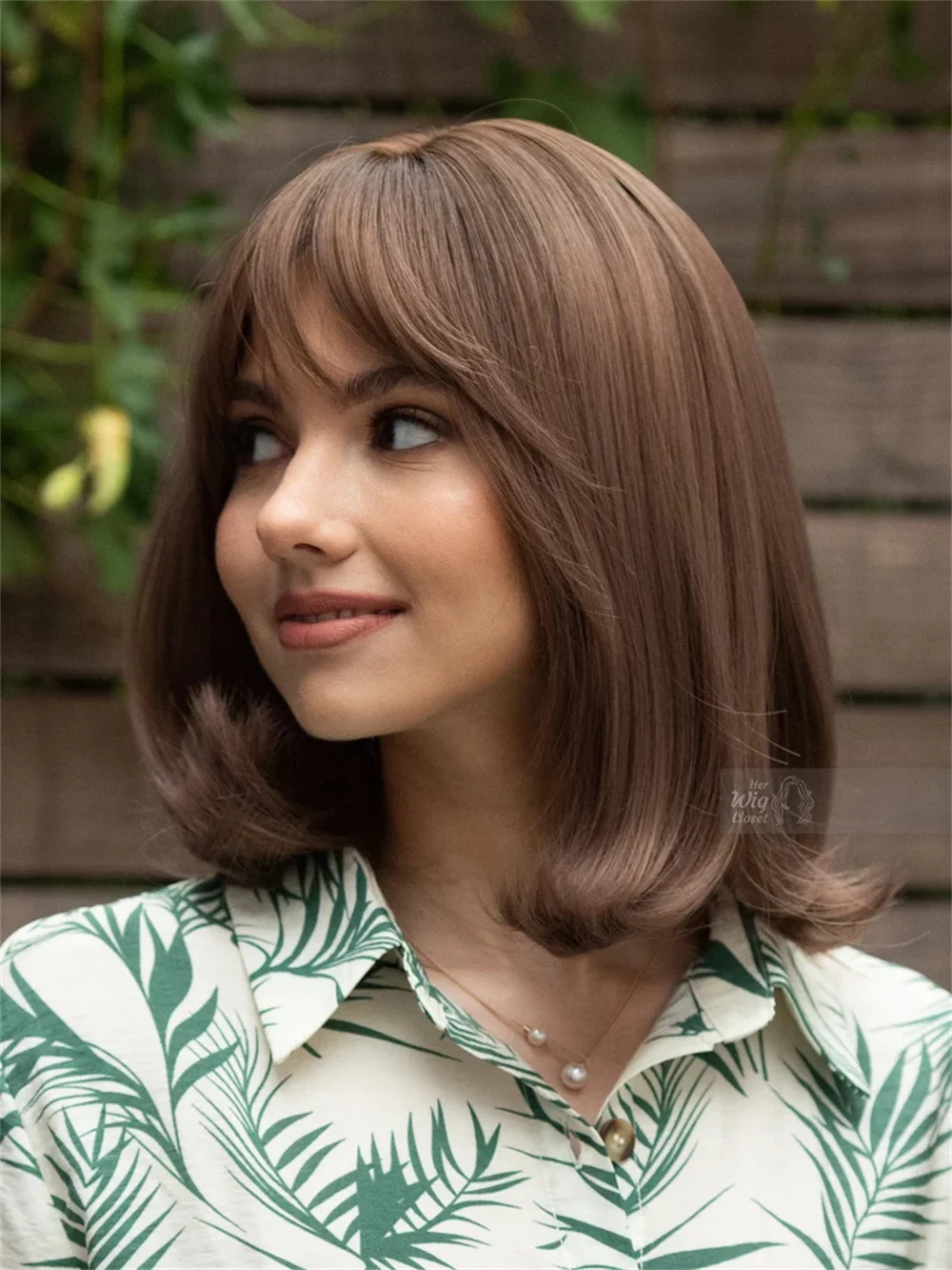 Dark Brown Wig Straight Wavy Long Bob Wig with Bangs Her Gift Wig Heat resistant Synthetic Fiber Realistic Look Human Hair Mixed