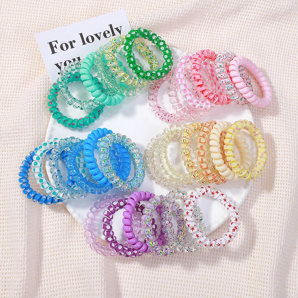 

6Pcs/Set Colorful Printed Spiral Elastic Hair Band for Women Girls Telephone Wire Cord Rubber Band Hair Ties Hair Accessories