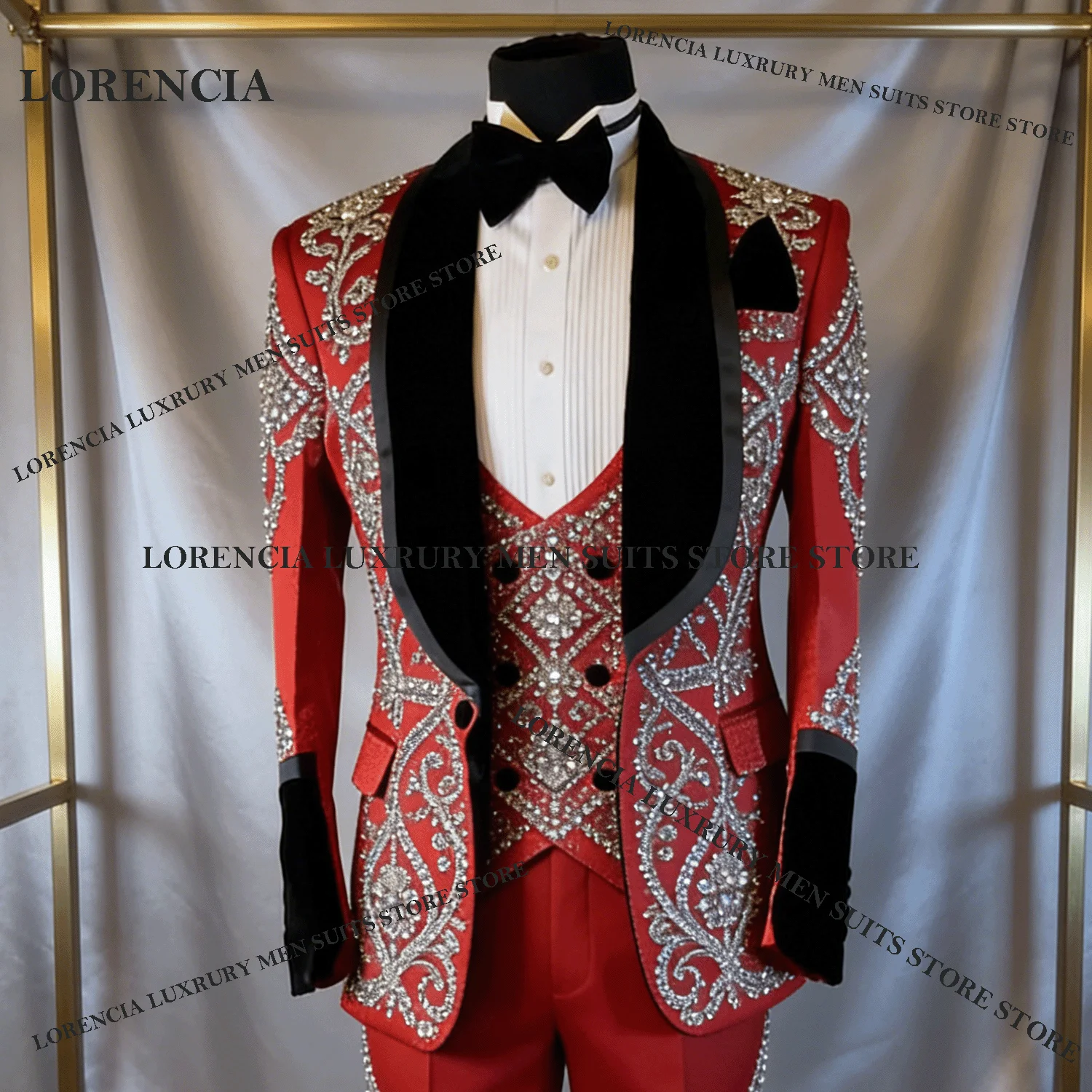 

Elegant Metallic Jewelry Ornament Tuxedo Men Suits 2 Piece Customized Wedding Groom Male Prom Blazer Slim Party Ternos Completo