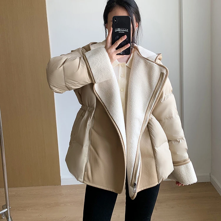 Schinteon Women Lambswool White Duck Down Jacket with Hood Autumn Winter Warm Outwear Casual Patchwork Coat European Style
