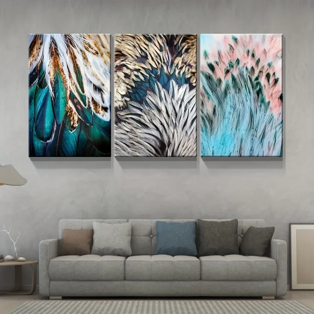 

3 pieces of decorative painting, wall art, feather poster, upholstery aesthetic, 1.5 inch thick pine solid wood frame