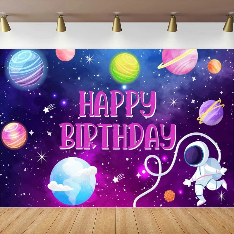 

Outer Space Happy Birthday Photography Backdrop Astronaut Planet Background Kids Girl Purple Galaxy To The Moon Universe Party