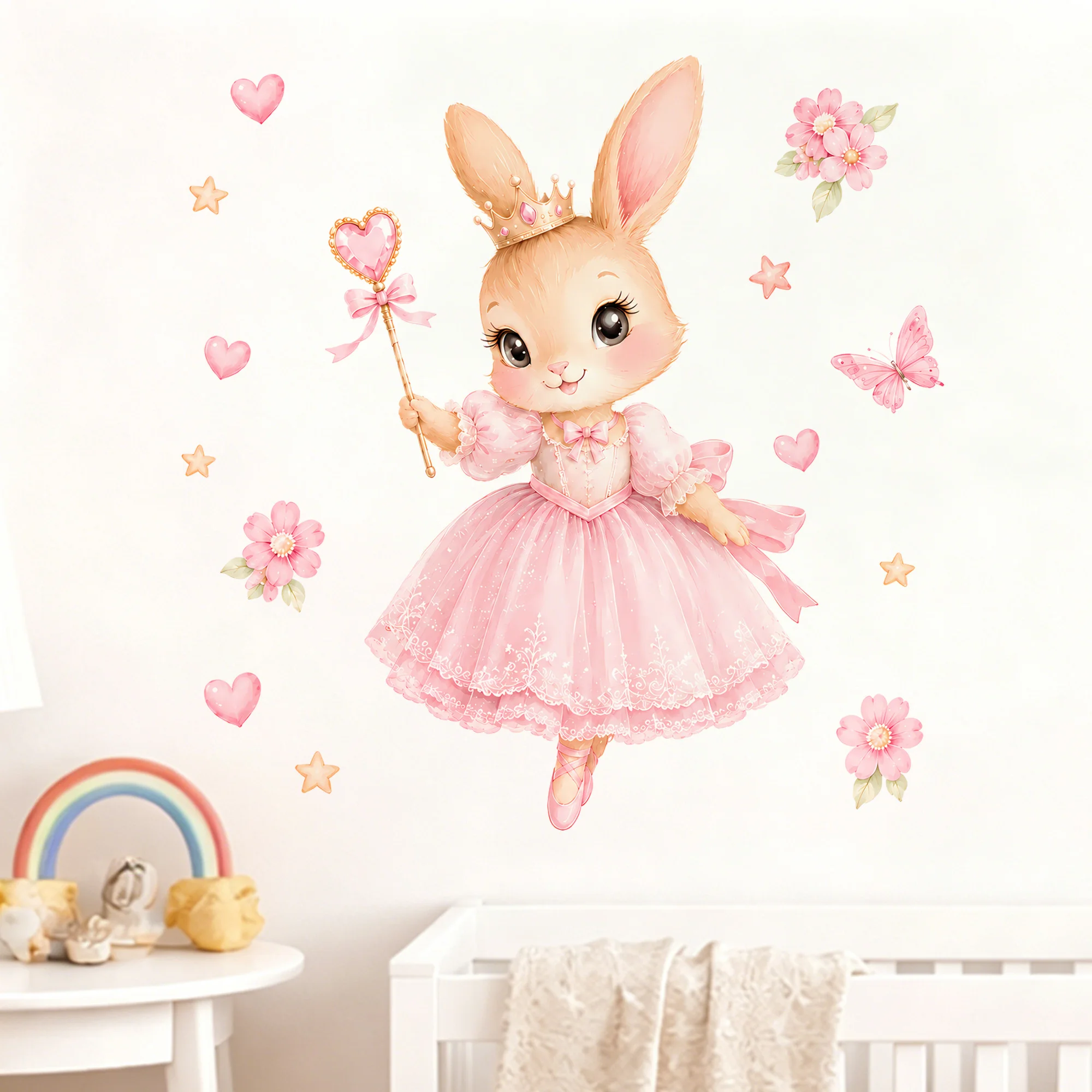 Autocollant mural princesse lapin ballerine - Autocollant amovible en aquarelle à coller et décoller, tutu rose, décoration murale mignonne pour chambre de bébé fille