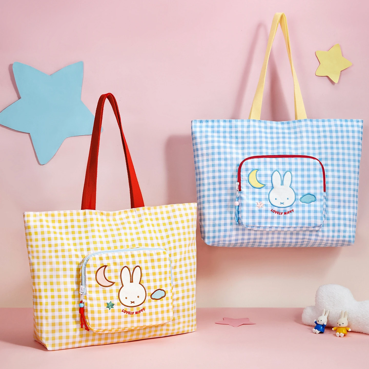 2026 Neue Miffy Liebliche Canvas-Schultertasche Gingham-Karo Große Kapazität Faltbarer Stil Reise-Aufbewahrungstasche