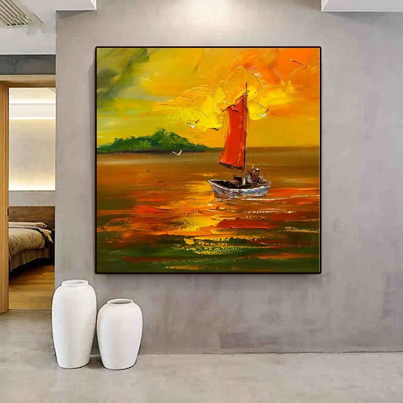 

Original Handmade Knife Oil Painting Modern Dusk Seascape Sailboat Abstract Wall Art Picture Canvas Nordic Decor Unframed