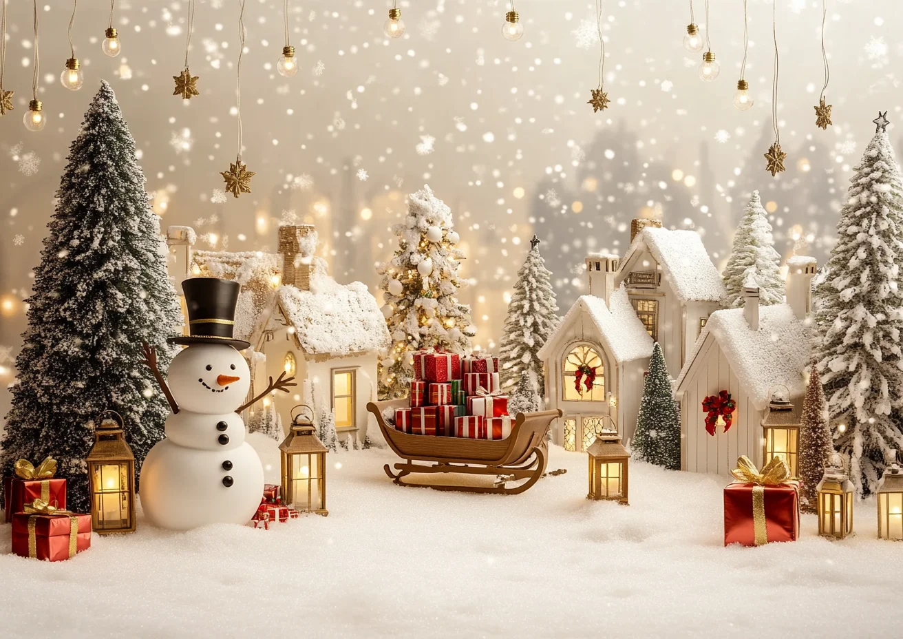 Fondo de fotografía de árboles de Navidad de muñeco de nieve de Navidad pared de madera rústica luces parpadeantes regalos decoración niños retratos telones de fondo