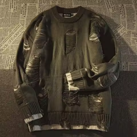 American New Retro Hole Fake Two Sweaters For Men And Women Y2k Streetwear High Street Fashion Punk Style Loose Casual Sweater