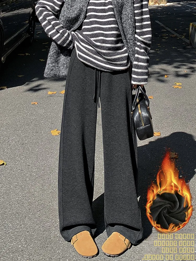 

Trendy High Waist Fce Lined Wide Leg Pants Women's Winter New Loose Drapey Straight Casual Pants Warm Long Trousers