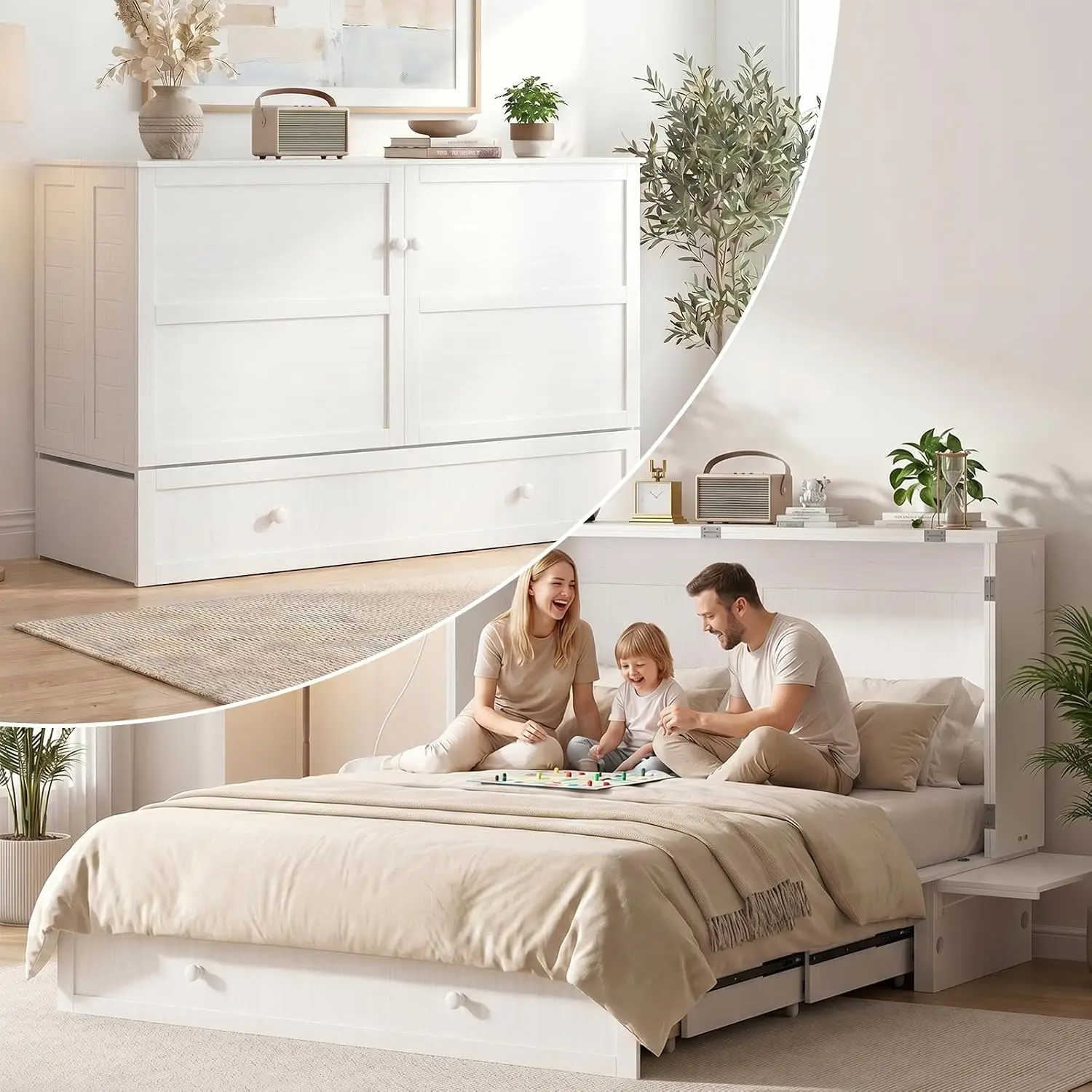 Cabinet Bed Queen Tri-Fold Foam Mattress USB Charging Storage Drawers Wall Guest Bed Bedroom Living Room, Customized