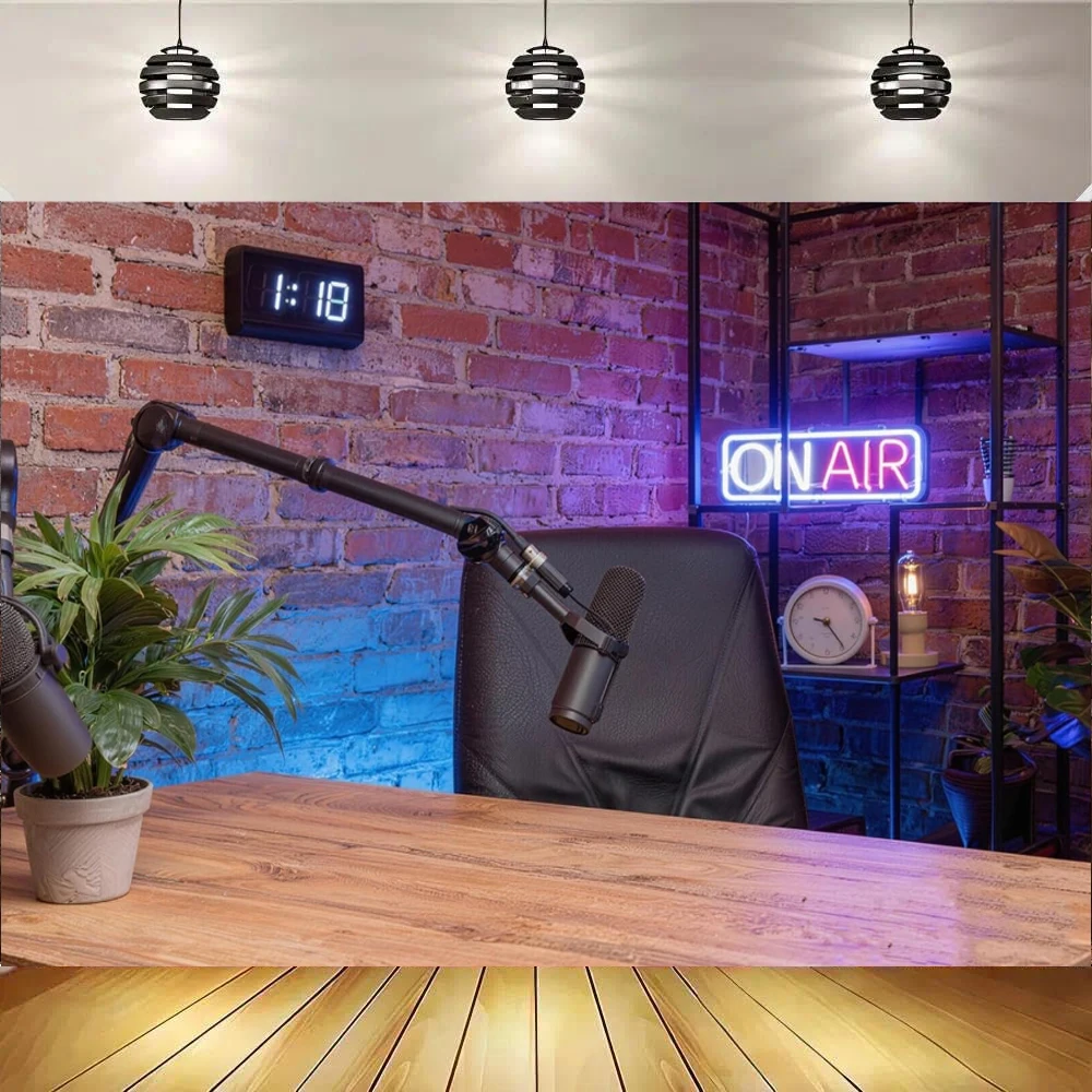 Professional Podcast Setup Backdrop Dynamic Microphone Studio Desk Sign TV Show Newscaster Background Reporter Interview Stage