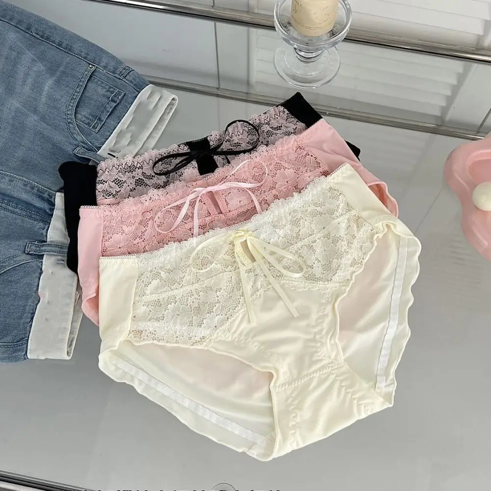 

3Pcs Fashion Mesh Lace Bowknot Panties Mid Waist Ruffle Sweet Briefs Cotton Crotch Underpants Underwear for Women Gifts