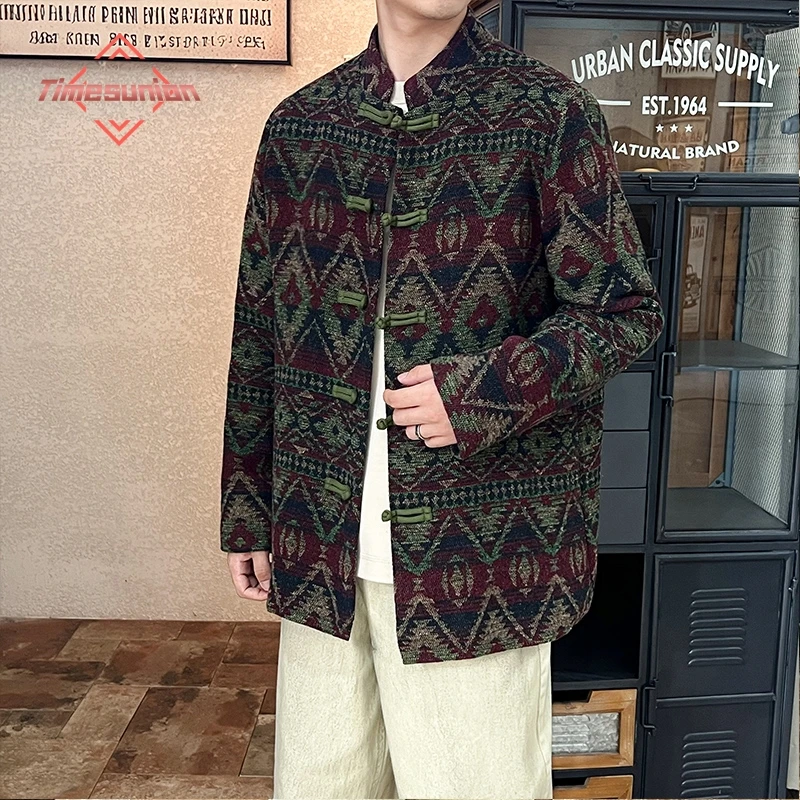 

Autumn Jackets for Man Tang Suit Fashion Stand Collar Contrast Color Woolen Coat Chinese Style Tang Suit Hanfu Outerwear