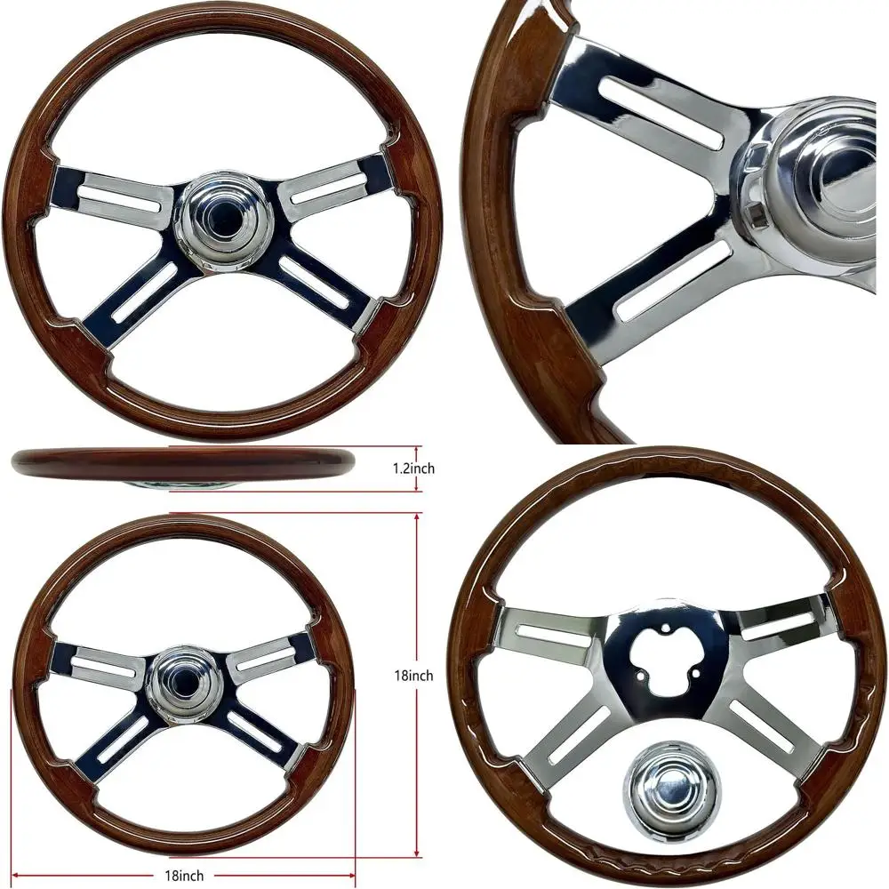 

18-дюймовое рулевое колесо из цельного дерева, 4 спицы, алюминиевый хромированный руль, 3 болта для полуприцепов, грузовиков для Kenwort