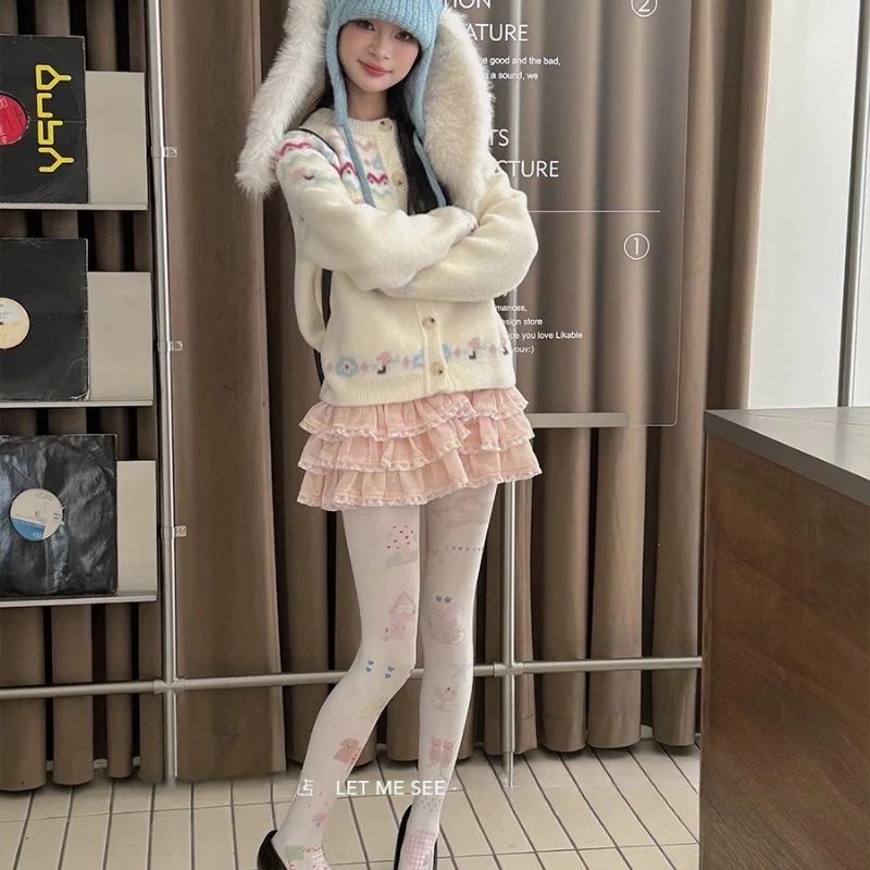Japanese Original New Women's Skinny Pantyhose Cartoon Illustration Print Lolita Velvet Legging Sweet Cute Versatile Tights Girl